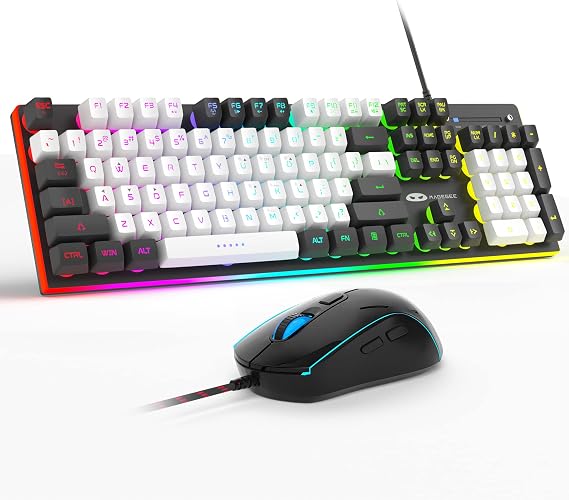 MageGee GT838 Gaming Keyboard and Mouse Combo, 104 Keys RGB Backlit Quiet Wired Keyboards for Laptop PC MAC, with Number Pad, Metal Panel, Anti-Ghosting, White Black