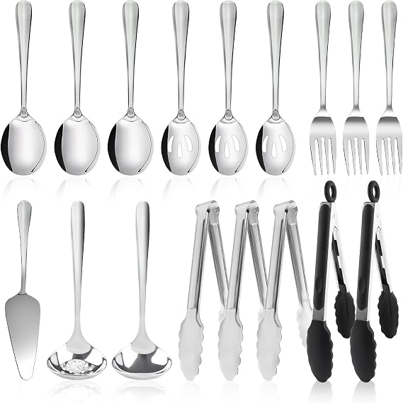 17PCS Serving Spoons and Utensils Set, Stainless Steel Serveware Silver | Serving Spoons,Slotted Spoons,Forks,metal and silicone-tip tongs,Cake Server,Ladle,Skimmer for Buffet, Catering, Party