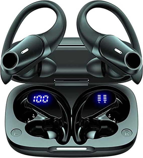 T59 Bluetooth Headphones Wireless Earbuds 72hrs Playtime Wireless Charging Case Digital Display Sports Ear Buds with Earhook Premium Deep Bass IPX7 Waterproof in-Ear Earphones Black