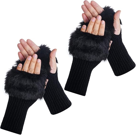 cnomg Winter Faux Fur Fingerless Gloves Faux Fur Half Finger Warmers Fingerless Gloves for Women Girls Working Writing