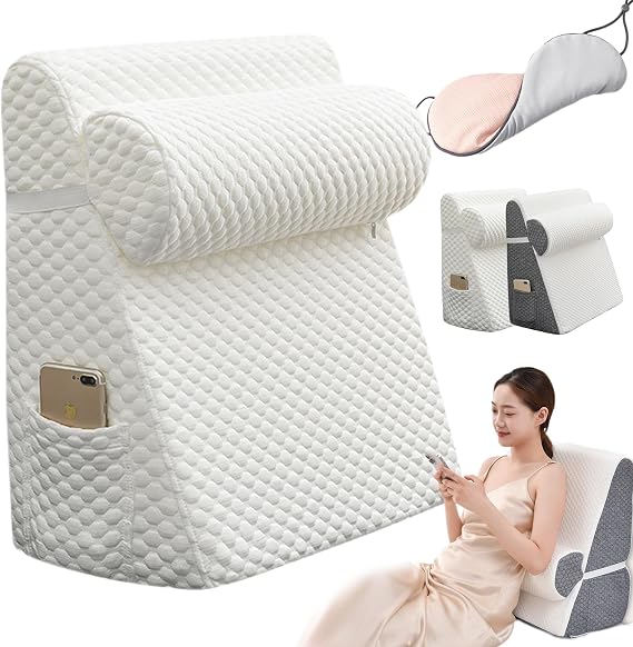 Wedge Pillow + Light Blocking Silk Sleep Mask, Adjustable Orthopedic Bed Wedge Pillow Set,Premium Memory Foam & Removable Cover, Enjoy Noise-Free Sleep (White)