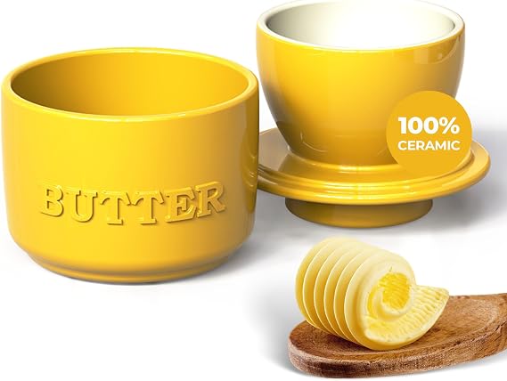 French Butter Crock - Sunflower - Ceramic Butter Container that Maintains Butter Fresh and Spreadable, Farmhouse Style for Countertop Decor