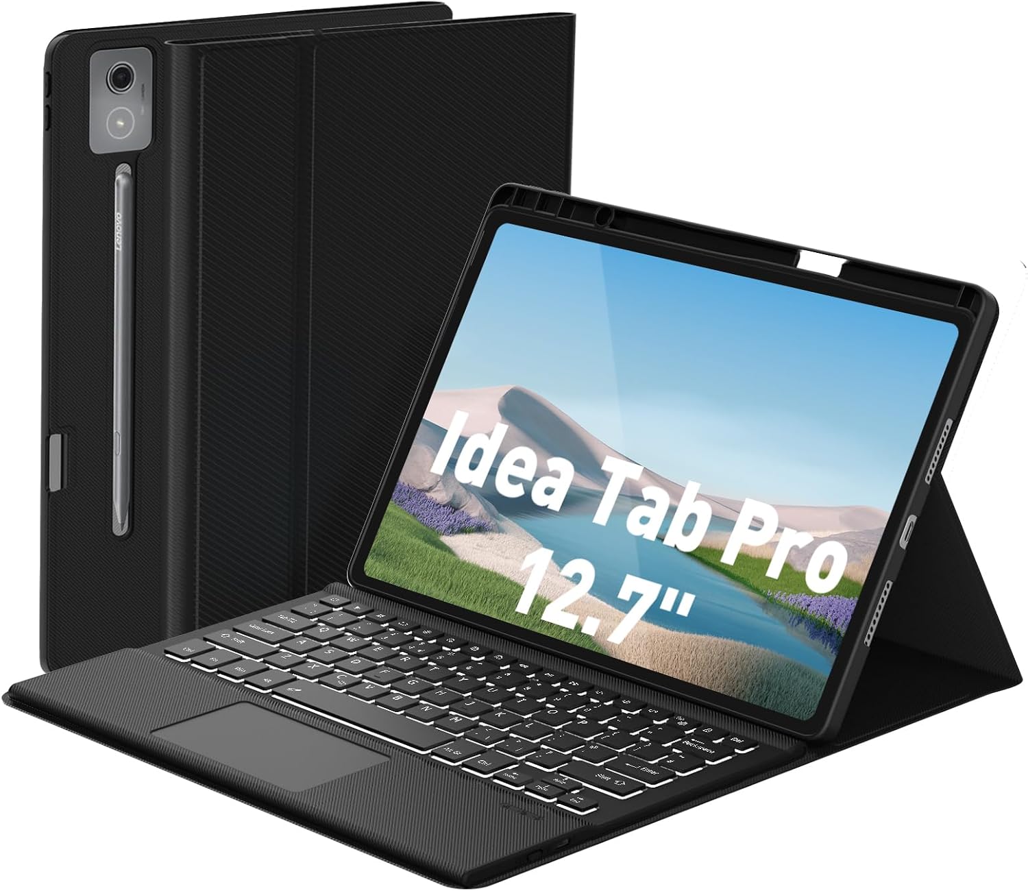 Doohoeek Bluetooth Keyboard Case for Lenovo Idea Tab Pro 12.7" 2025, Wireless Keyboard Folio with Trackpad, Rechargeable & Removable & 7 Colors Backlit Keyboard, Black