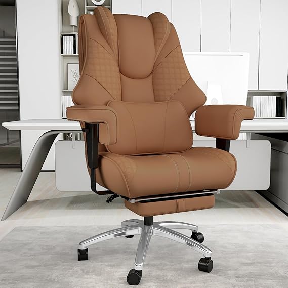 600lbs Big and Tall Office Chair, Wide Ergonomic Leather Executive Chair for Heavy People with Foot Rest, High-Back Reclining Computer Chair with Swivel Wheels and Lumbar Support (Brown)