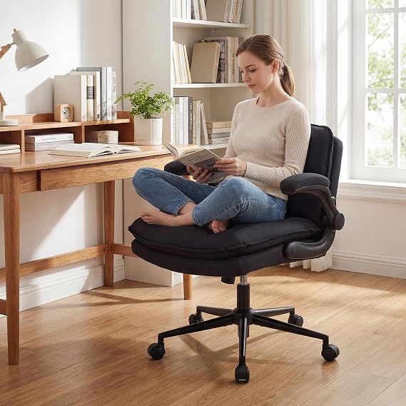 Giantex Criss Cross Chair with Flip-up Arms, Ergonomic Cross Legged Office Desk Chair w/Wide Thick Padded Seat, Height Adjustable 360 Swivel Vanity Chair for Home Office, Bedroom (Charcoal Black)