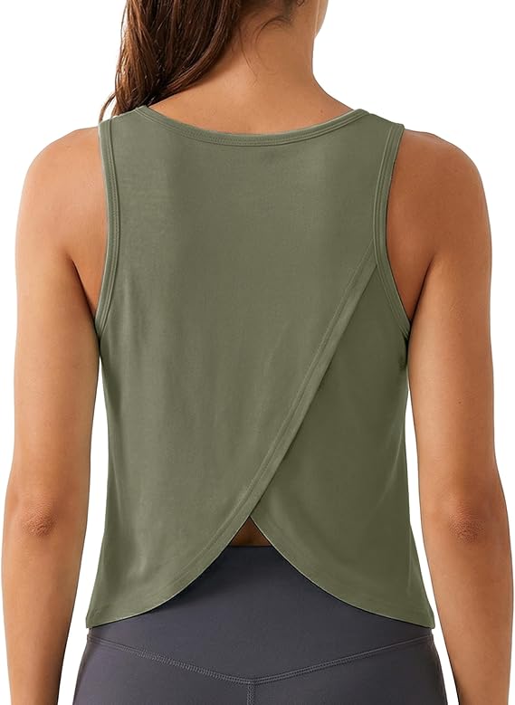 Quenteen Workout Tops for Women V Neck Cropped Open Back Sleeveless Tank Tops Gym Athletic Yoga Shirts