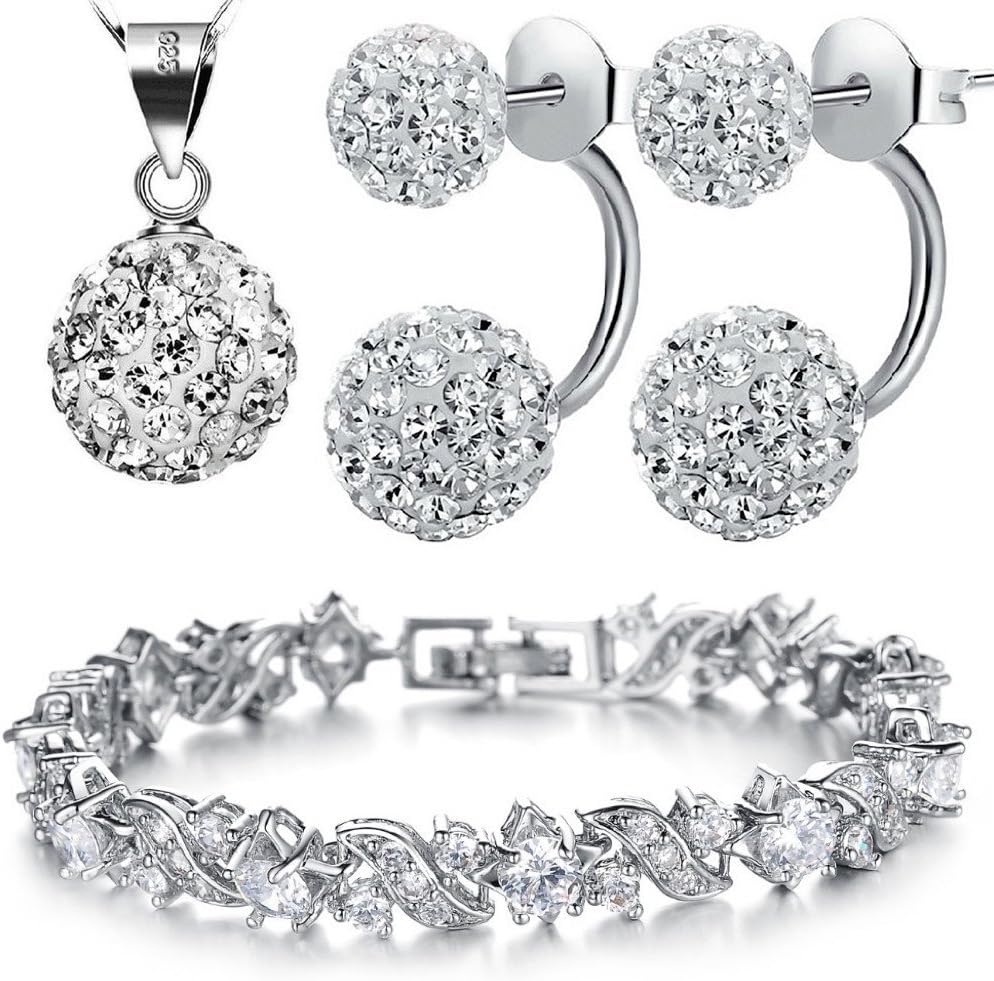 Kim Johanson Queen women's jewellery set in silver necklace with a pendant and earrings made of 925 sterling silver rhodium plated bracelet with white crystals includes a jewellery pouch