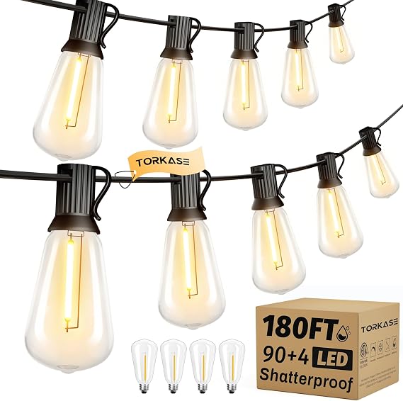 Torkase Outdoor String Lights Mains Powered,180FT ST38 Garden Festoon Lights with 90 Shatterproof ST38 Plastic LED Edison Bulbs Waterproof for Outside Patio Pergola Decor Cafe [Energy Class A]