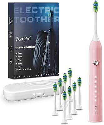 7AM2M Sonic Electric Toothbrush for Adults and Kids, with 8 Brush Heads and Travel Case,5 Modes with 2 Minutes Built in Smart Timer, One Charge Use for 90 Days, Rechargeable ToothbrushesPink