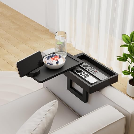 Wealone Mini Black Couch Arm Table for Narrow Armrest, Sofa Arm Tray with Storage Box, Rotating Tabletop and Phone Stand, Adjustable Sofa Arm Table Clip for Snacks or Dining, Armrest ≤18 cm Wide