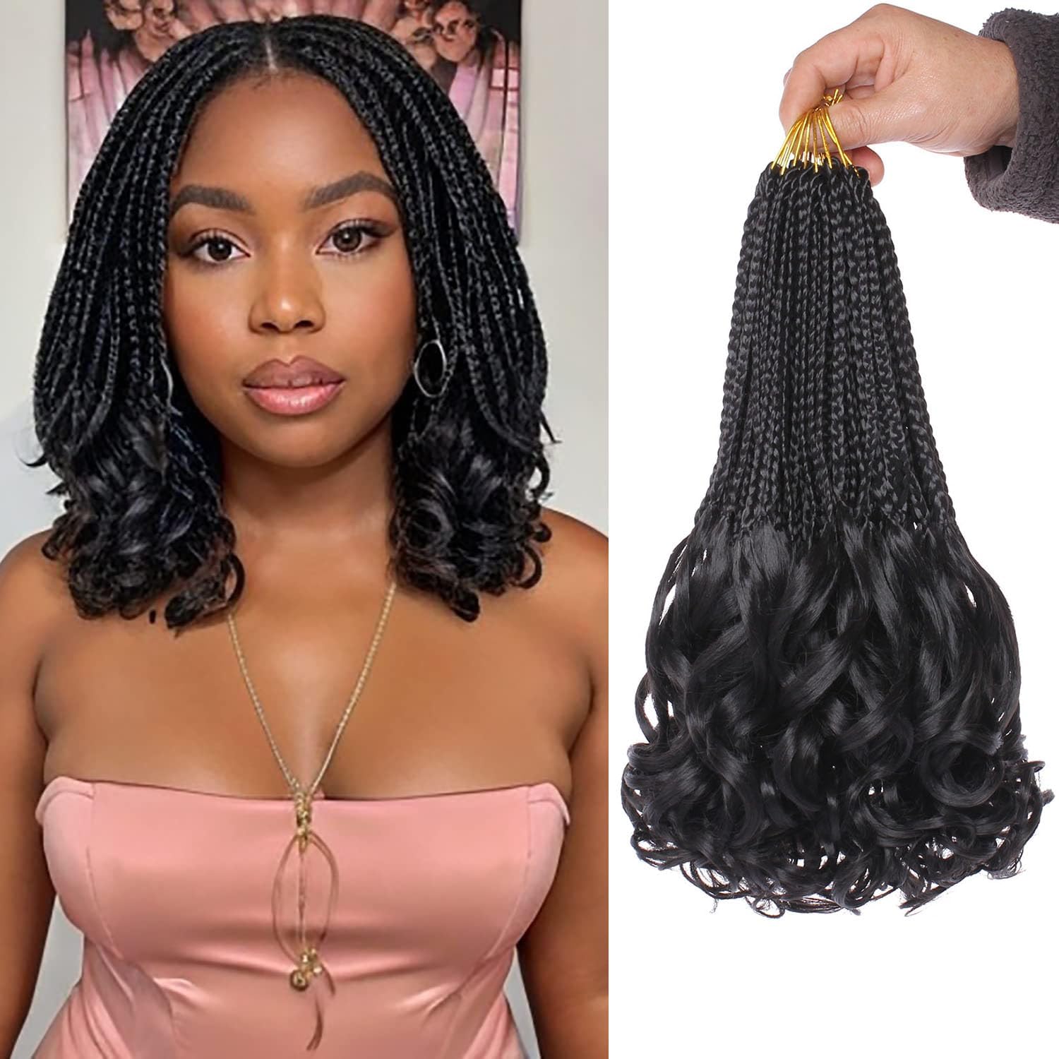 10 Inch 9 Packs French Curl Pre Looped Goddess Box Braids Crochet Hair for Women 1B#