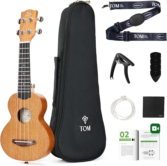 TOM 17 Inch Solid Mahogany Mini Ukulele - Professional Travel-Friendly Ukelele for Kids & Adults, Beginner Kit with Online Tutorial, Includes Gig Bag, Capo & Picks (17")