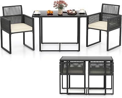 Tangkula 3 Pieces Patio Dining Set, Outdoor Space-Saving PE Wicker Bistro Set with Cushions, Patio Tempered Glass Top Table and Chairs Set for Porch, Garden and Backyard