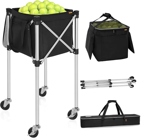 Foldable Tennis Ball Cart | Holds 180 balls Wheeled Tennis Ball Hopper Sports Teaching Carts with Storage Bag, Light Auminum Alloy