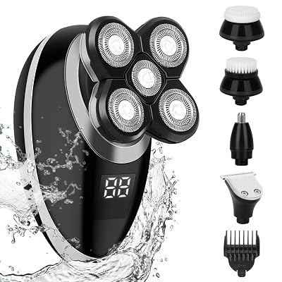 Bald Head Shaver, Electric Shavers for Men 5 in 1 Rotary Shaver Cordless Wet Dry IPX7-Waterproof,Faster-Charging LED Display USB Rechargeable Facial Grooming Kit