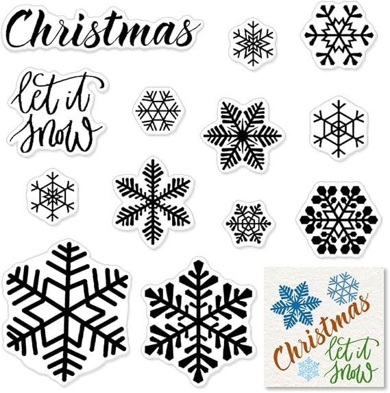 Christmas Clear Stamps Decorative Xmas Theme Winter Blessing Sentiment Words, Snowflake Clear Rubber Scrapbooking Stamps with Sentiment for Card Making DIY Photo Album