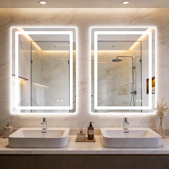 LED Bathroom Mirror with Lights, 2 Pack 32" x 24" Lighted Vanity Mirror | Frontlight+Backlit, 3 Colors Dimmable Brightness, Anti-Fog, Memory Function, Shatterproof Tempered Glass, Horizontal/Vertical