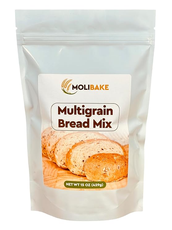 Molibake Multigrain Bread Mix Premium All-Natural Baking Mix for Bread Machine and Oven 15 oz Gourmet Blend with Sunflower Seeds, Brown Flax, Pumpkin Seeds, Oat Flakes, Rye, Barley Malt, Wheat Bran Easy-to-Use Bread Maker Mix for Homemade Baking