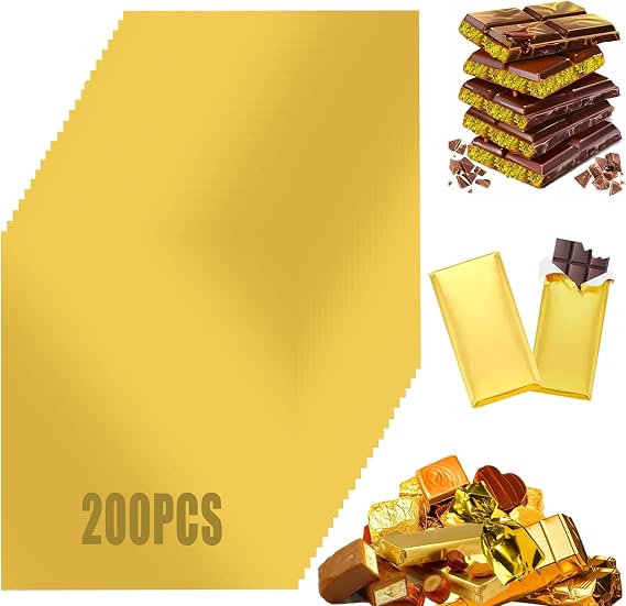 Gold Foil Candy Wrappers, 200 Pcs Chocolate Bar Wrappers, 6.3 * 7.5in Food-Grade Wrapping Paper for Candy Packaging, DIY Crafts, Packing Gifts(Gold)