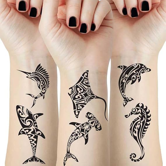 Tribal Marine Temporary Tattoos, 12 Sheets Ocean Fake Tattoo