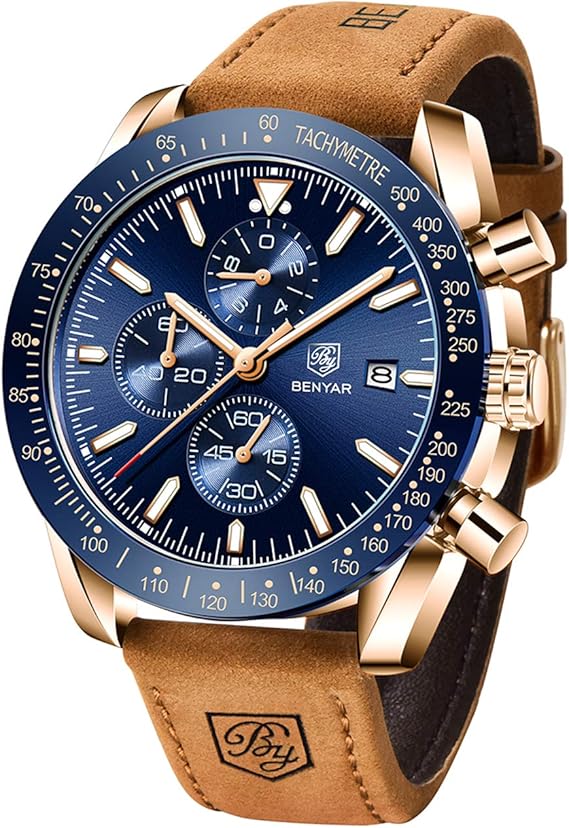 BENYAR Men's Quartz Watch Sport Chronograph Fashion Business Brand Luxury Waterproof Analog Date Watch Men Brown Leather Watch for Men