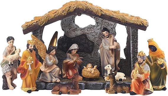 Nativity Set with Stable & 11 Figures, Traditional Christmas Nativity Scene Set Home Decor And Gift, C-hristmas Crib Sets, Christian Christmas Decorations & Figures for Indoor, Living Room, Tabletop