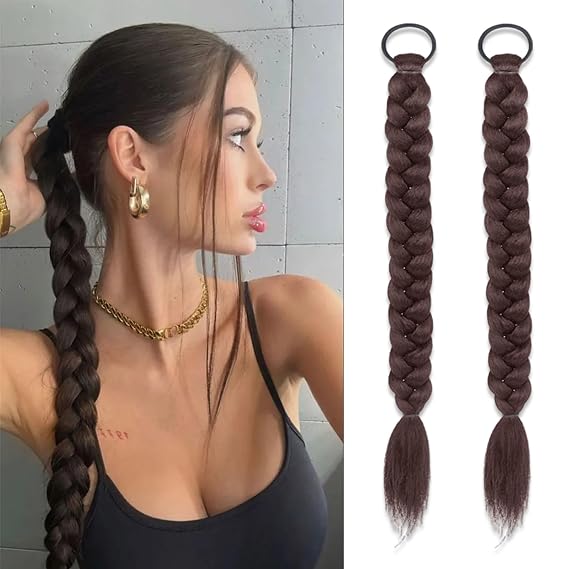 2Pcs Synthetic Braided Ponytail Hair Extension With Rubber Band Braids Natural Hair Pieces for Women Daily Wear Hair Accessories 16 Inch(Dark Brown)