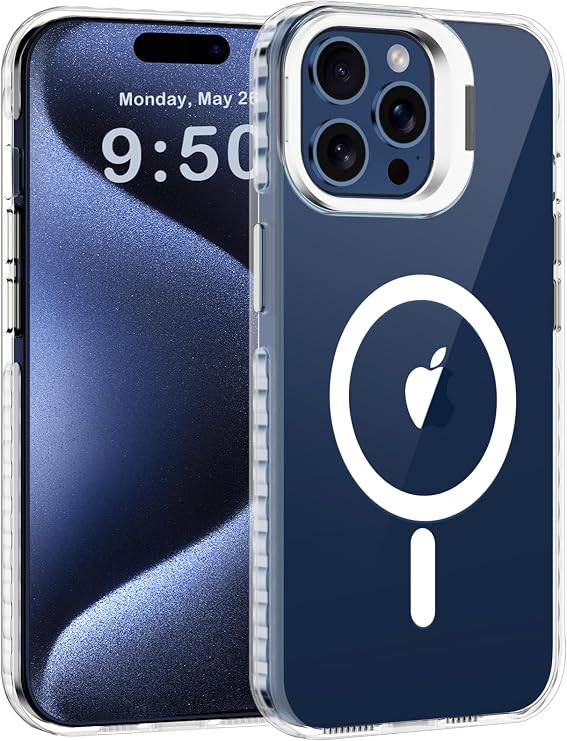 for iPhone 15 Pro Max Clear Case with Stand, Compatible with MagSafe, Heavy Duty Drop Protection, Shockproof Magnetic Protective Phone Cover for Apple iPhone 15 Pro Max