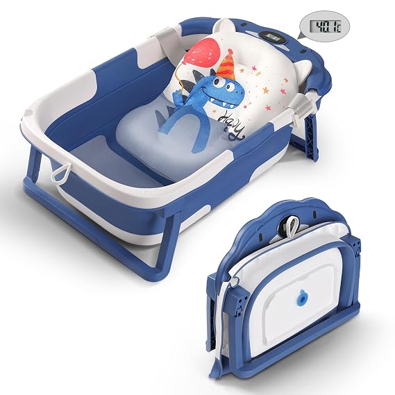 Baby Bathtub Collapsible with Thermometer & Cushion, Portable Travel Tub