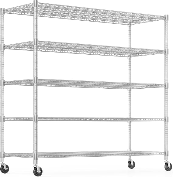 Himimi Storage Shelves with Wheels, 5-Tier Heavy Duty Steel Wire Rack Storage Shelving, Adjustable Metal Storage Shelves for Garage Kitchen Pantry Bathroom Laundry 18" D*60" W*82" H, Silver