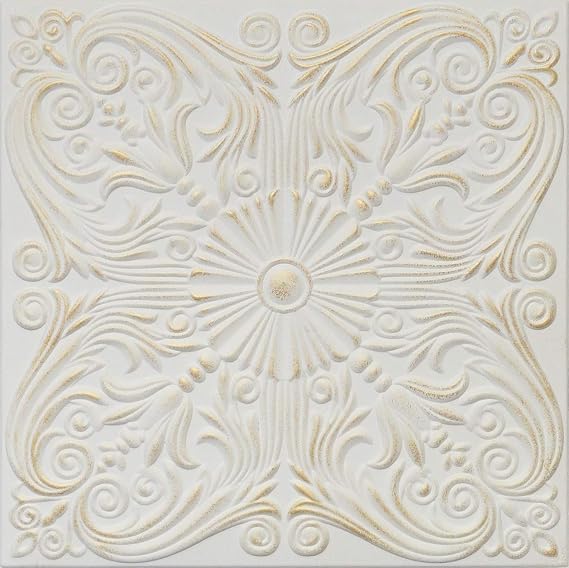 R39A White Satin Washed Gold 20x20 Amazing Styrofoam Tin Look Ceiling Tiles Easy to Glue Up On Any Type of Surface