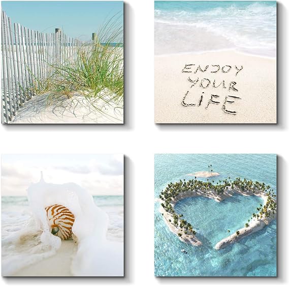 TAR TAR STUDIO Beach Scene Canvas Wall Art: Seaside Scenery Picture Print Seascape Painting Artwork for Living Room (12" x 12" x 4 PCS, Multiple Style)