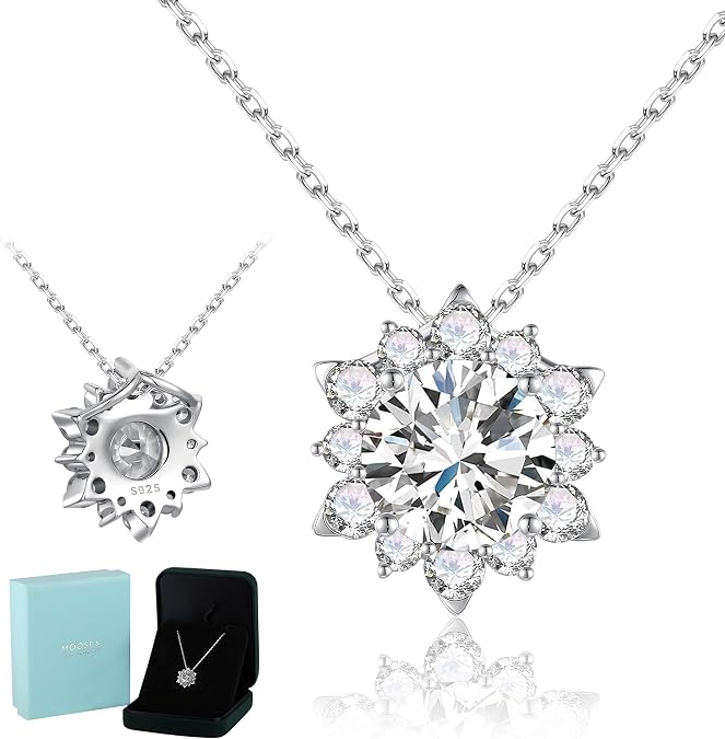 MOOSEA 2-4ct Snowflake Moissanite Pendant Necklace Halo Moissanite Necklace | D-E Color VVS1 Clarity Lab Grown Moissanite, Floating Round Cut Moissanite Neckalce, 925 Sterling Silver, Jewelry for Women
