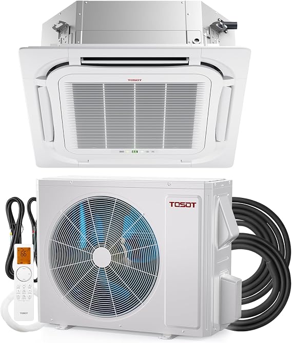 TOSOT 34,000 BTU 21 SEER2 Ceiling Cassette Mini Split, Ductless Air Conditioner with Inverter Compressor, Up to 1,071 CFM Airflow, 230V, 3 Ton, for Light Commercial & Residential Use, Cosmo Series