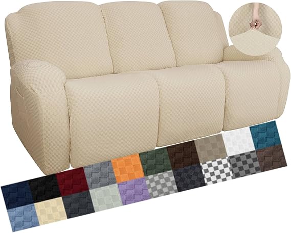 YEMYHOM 8 Pieces Stretch Recliner Sofa Cover Latest Jacquard Reclining Couch Cover with Side Pocket Anti-Slip Fitted 3 Cushion Furniture Slipcovers with Elastic Bottom (Sofa Recliner, Beige)