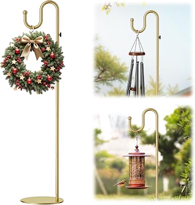 74 Gold Shepherds Hook StandAdjustable Free Standing Pole Holder for Hanging Bird Feeders, Plants, Lanterns, Wreaths, and Wind Chimes, Heavy Duty Base for Indoor & Outdoor Use, Holds Up to 20 LBS