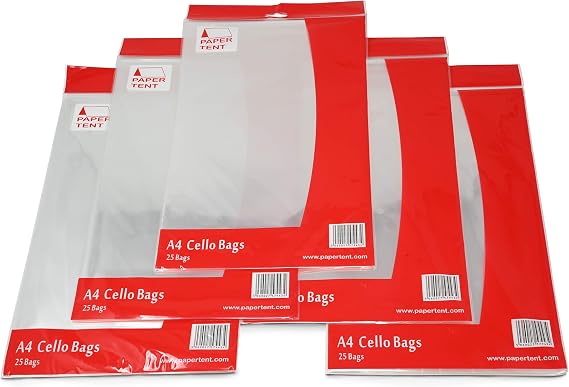 Papertent A4 Cello Bags, 40 Micron Thick, Qty 125 (5 PACKS x 25)