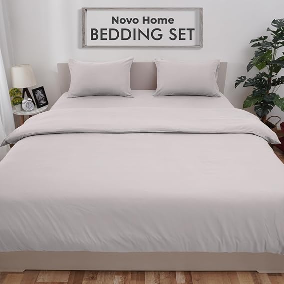 Bedding Set Double with Fitted Sheet, Duvet Cover & 2 Pillowcases – Light Grey Microfibre 4 Piece Bed Set | Soft, Durable & Easy Care Double Bedding for All Season Comfort in Modern Bedroom
