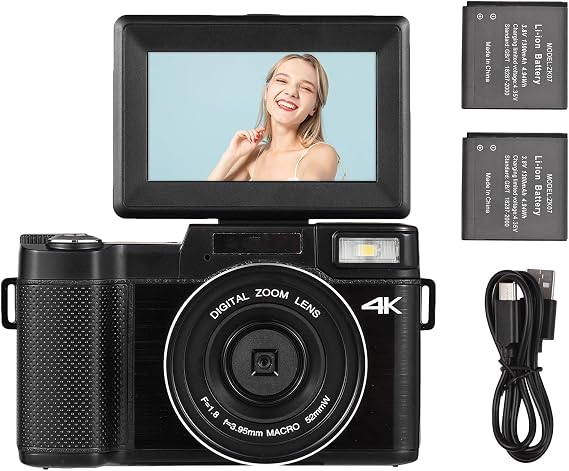 Portable Digital Camera, Digital Cameras with 3.0-inch TFT Rotatable Screen 4K 48MP Ultra HD 16X Zoom Support 128GB Extended Mem, with 2pcs Batteries 32GB Memory Card