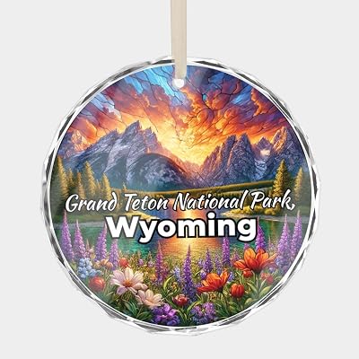 Grand Teton National Park Wyoming Jenny Lake Travel Souvenir Crystal Glass Christmas Ornament, 3 Flat Round Beveled-Edge Disc 0.23 Thick with Printed Image, Xmas Gift Ornaments
