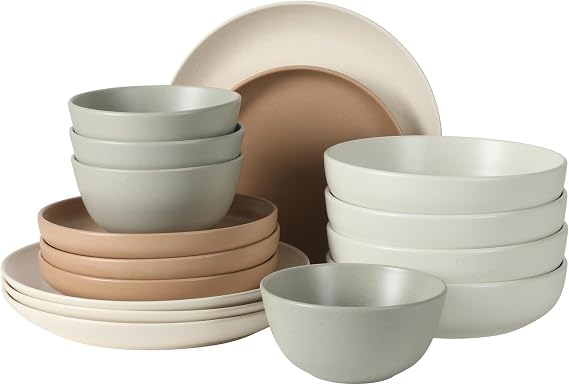 Gibson Elite Leeds Court Plates and Bowls Sets, 16-Piece Stoneware Dinnerware Sets, Assorted Colors, Round Speckle Reactive Glaze Dish Set