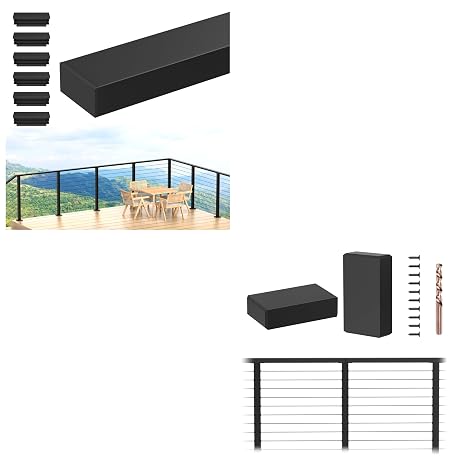 6'6'' Stainless Steel Cable Railing Handrail with Extension Connectors, Black Rectangular Handrail, Length Adjustable Flat Top Rail
