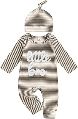 pengnight Baby Boy Clothes Little Bro Newborn Outfit Ribbed Knit Long Sleeve Baby Brother Romper Striped Bodysuit with Hat