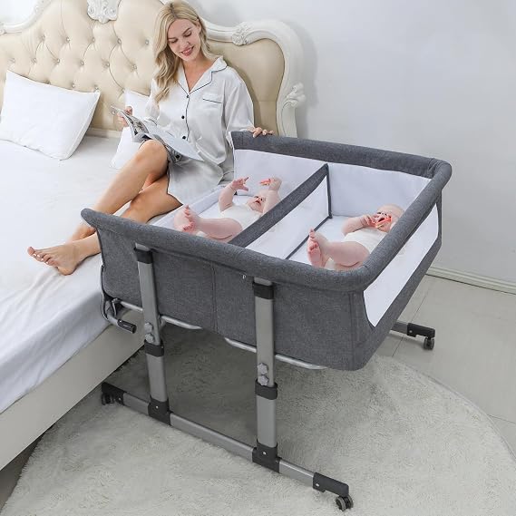 Ihoming Twin Bedside Bassinet for Baby Grey Co Sleeper Crib Attaches to Bed Double Bassinet Sleeper for Twins Infant Newborn Adjustable Safe Sleeping Solution