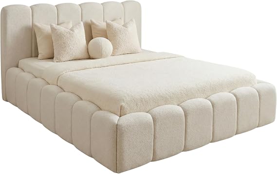 Luxury Cloud Teddy Boucle With Or Without Ottoman Storage Bed Frame 40 in Panel Headboard With Optional Mattress (Cream Boucle, 5ft king size)