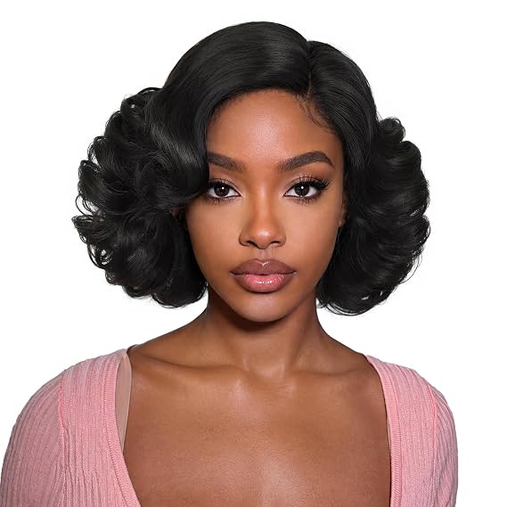 HANNE Short Curly Bob Wigs for Black Women Loose Wave Lace Part Wigs