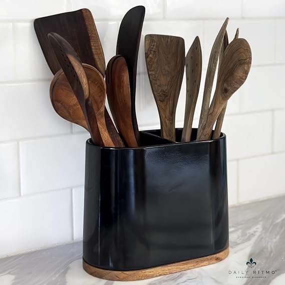 DAILY RITMO Black Large Oval Utensil Holder with Bamboo Base and Divider