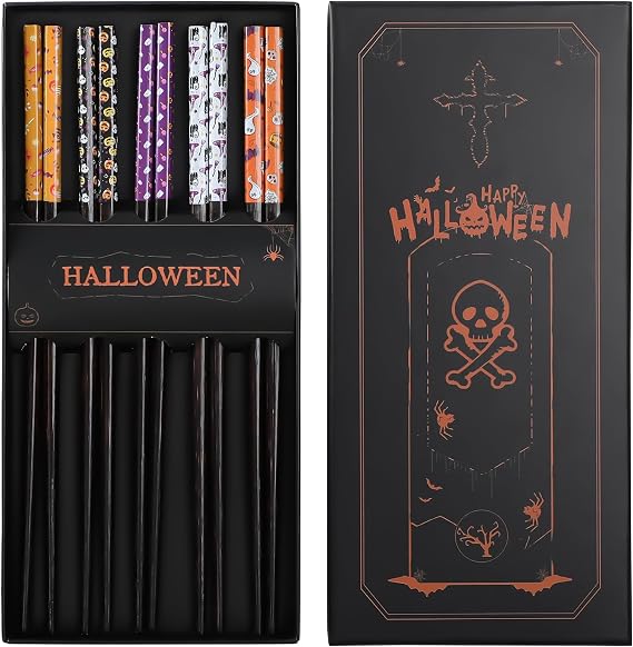 Halloween Party Reusable 5 Pairs 9.4 Inches Wooden Chopsticks, Dishwasher Safe Tableware Gift with Halloween Decorations Sets