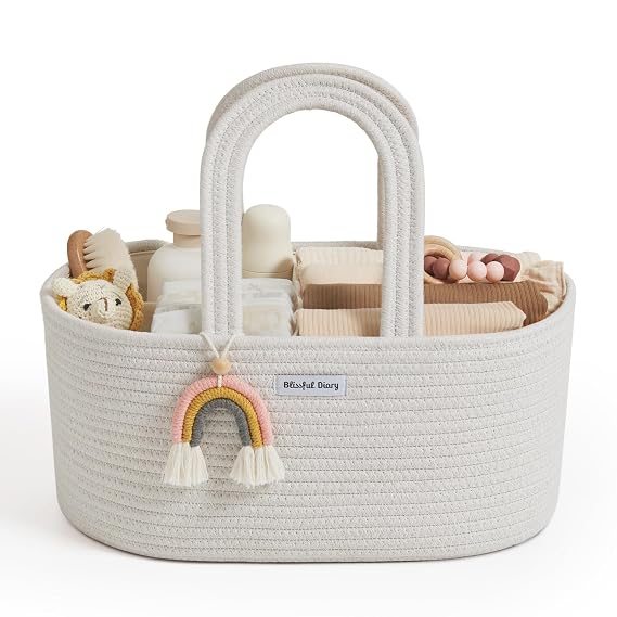 Blissful Diary Diaper Caddy Organizer, Woven Cotton Rope, Earthy Rainbow
