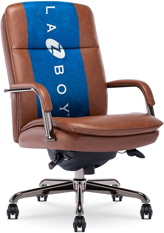 La-Z-Boy Ergonomic Executve Office Chair, Mid-Back Graphite Base Leather | Opus, Padded Arm, Home Office Chair with Wheel, Foam Seat Cushion, Adjustable Height & Recline, Channel-Tufted Design, Cognac